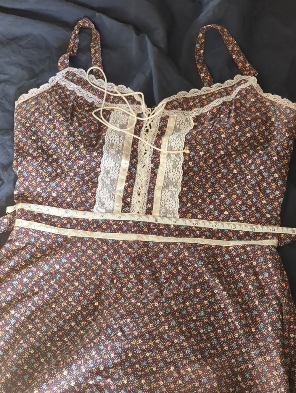 Vintage-Inspired Gunne Sax Style Brown Floral Lace-Trim Sundress - Picture 7 of 8